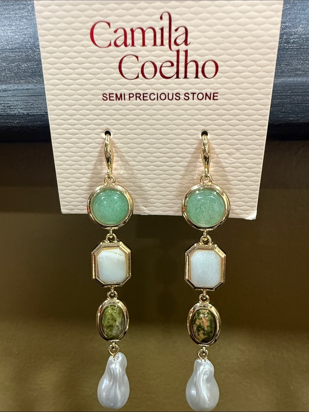 Camila Coelho Green, Cream & White Multi-Stone Drop Earrings